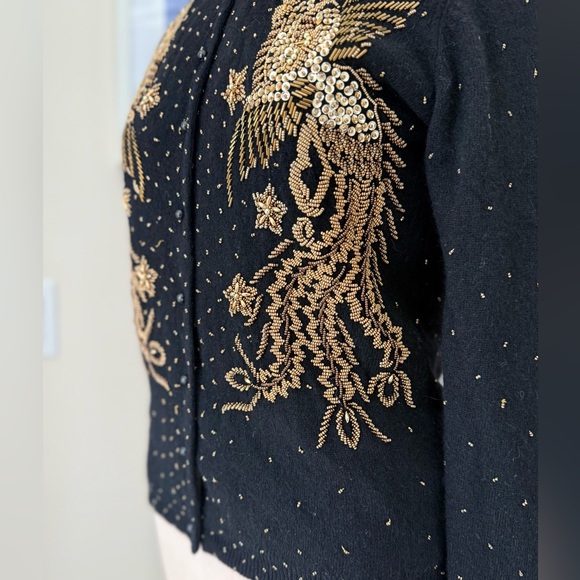 Vintage 70s Gold Beaded Embellished Black Cardigan - S - Picture 8 of 13